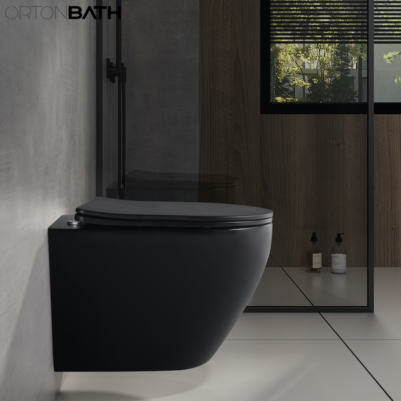 Ortonbath Modern Rimless Wall Hung Wc Matt Black Ceramic Toilet with UF Slim Soft Close Seat Ceramica Inodoro Sanitary Ware Wc Wall Mounted Toilet