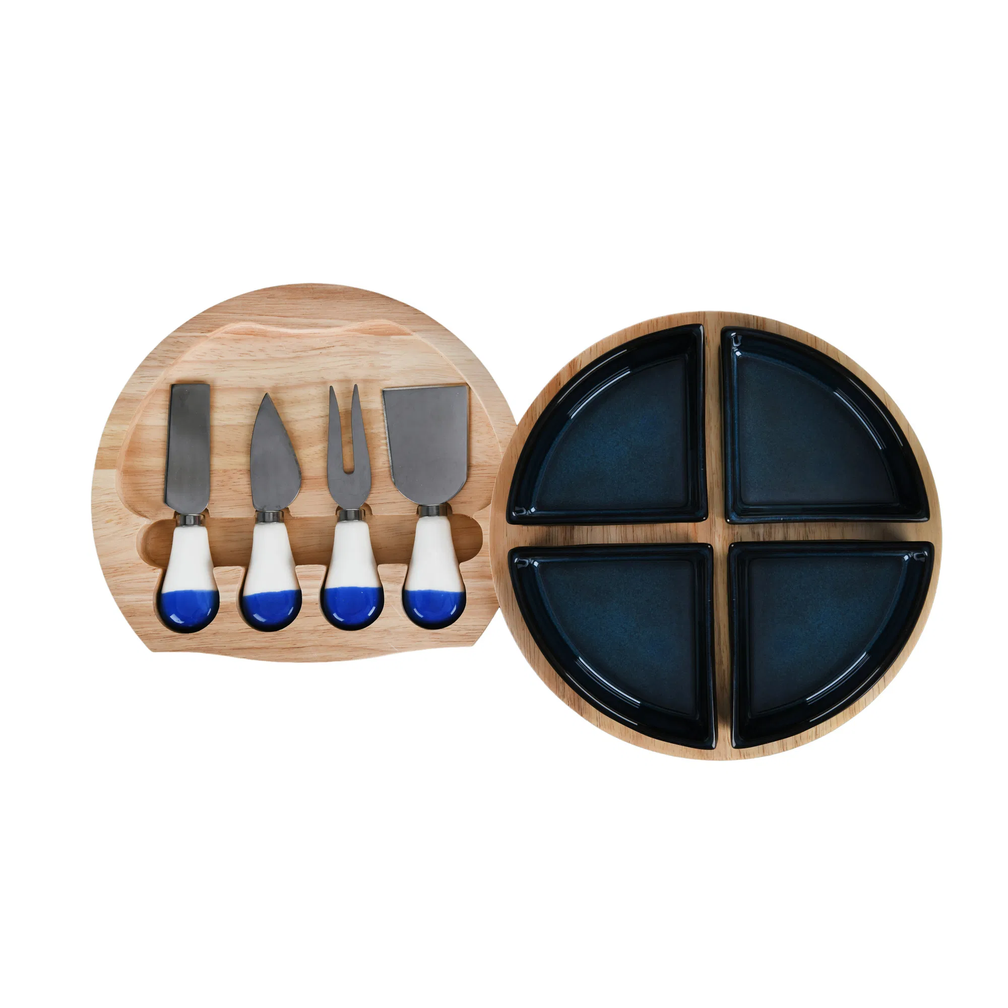 Elegant Ceramic Divided Serving Set Plates with Bamboo Tray Knife and Fork