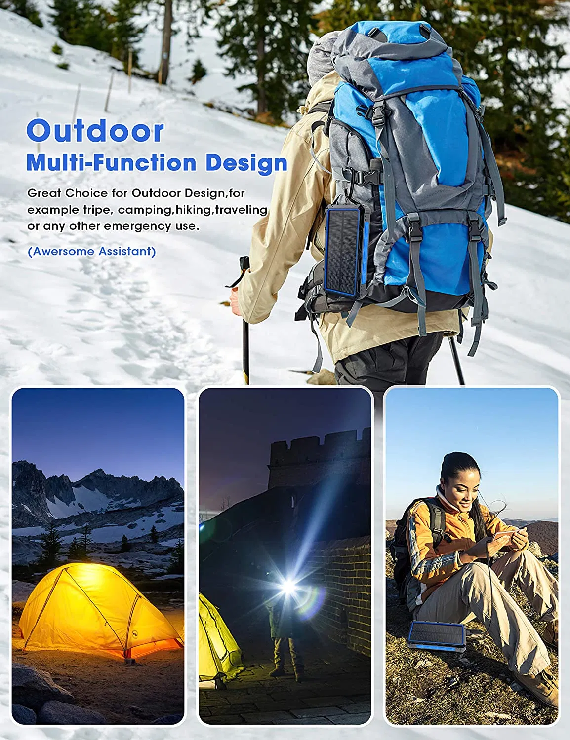 Портативное зарядное устройство 36000mAh с солнечной панелью и беспроводной зарядкой