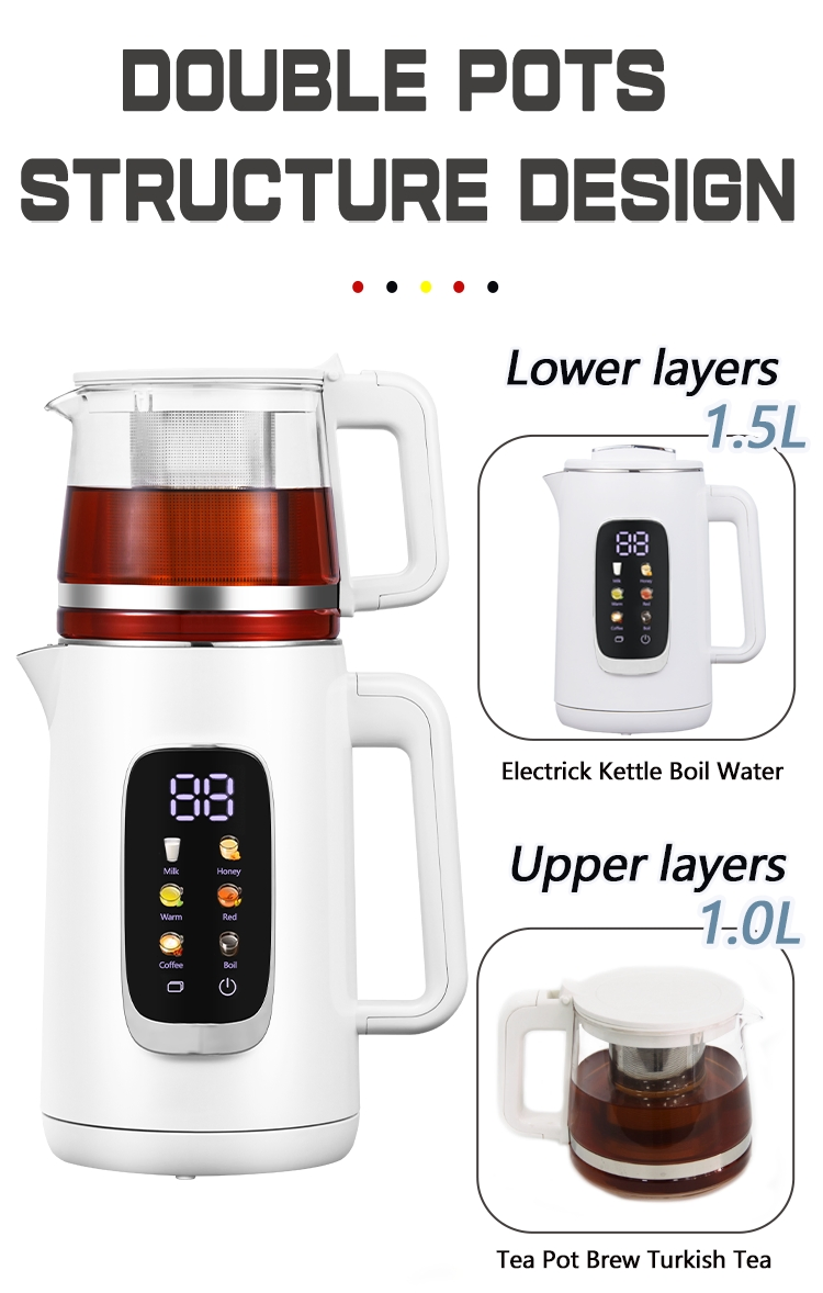 CE RoHS CB Digital Electric Turkish Samovar Tea Kettle Fast Boil Water 2 in 1 Arabic Tea Pot Touch Screen Control Steam Tea Maker