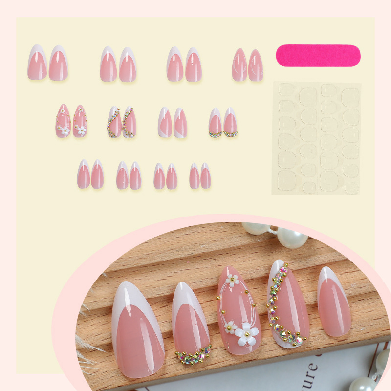 24 Pieces of Foreign Trade French Flowers Popping Almonds False Nails Irregular Colored Diamond DOT Diamond Press on Nails Wearing Nails