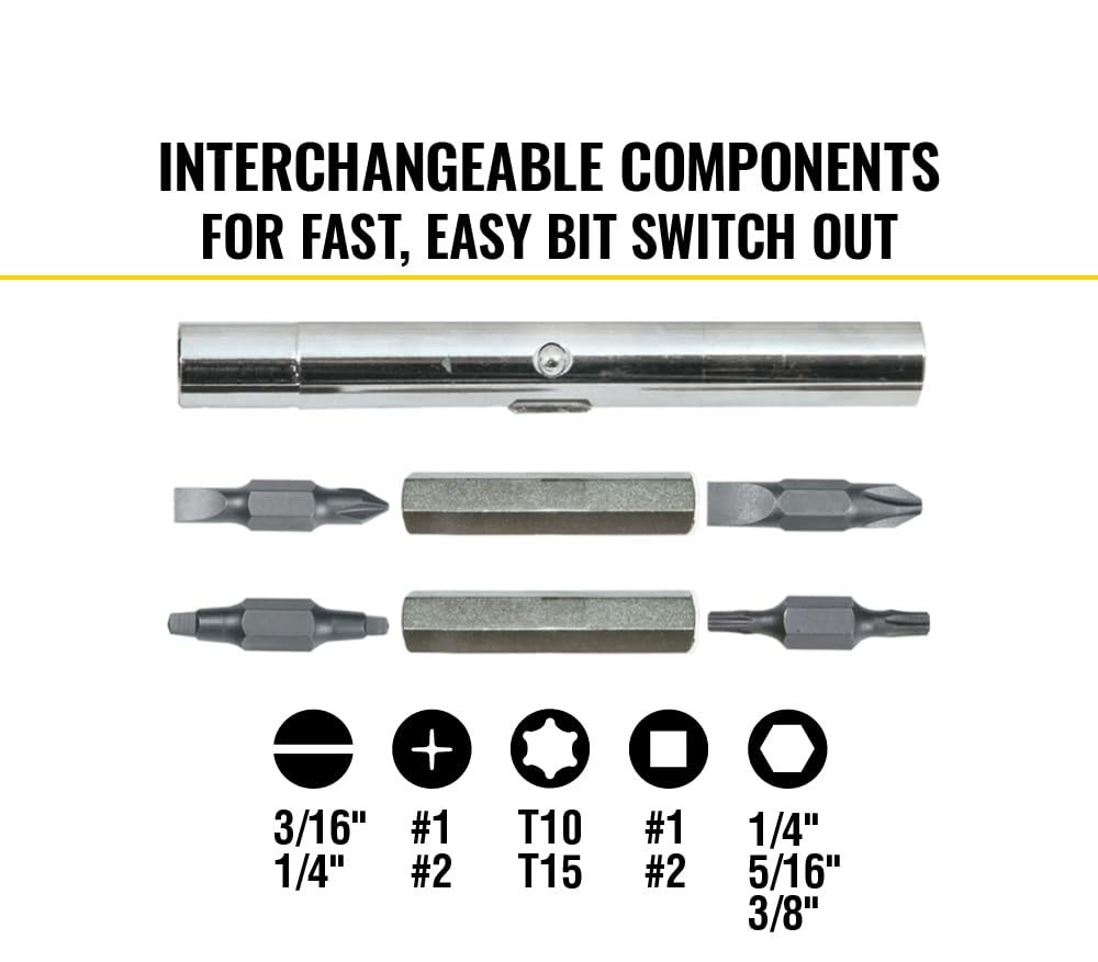 4 Drill Bits 11-in-1 Screwdriver/Nutdriver Set 8 Positions 3 Nutdriver Sizes Cushioned Grip