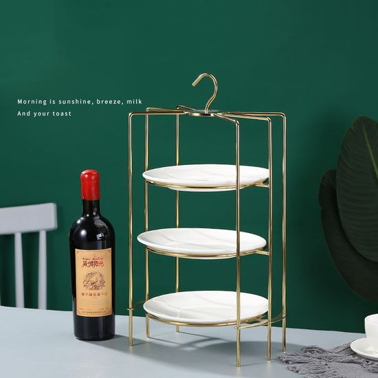 Three-Layer Ceramic Plate Dim Sum Rack Dessert Buffet Stainless Steel Pastry Fruit Tray