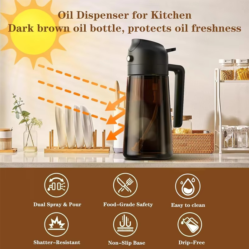 2 in 1 Food-Grade 470ml Oil Mister Sprayer Dispenser Glass Oil Bottle for Cooking for Air Fryer Salad Frying BBQ Amber Oil Sprayer