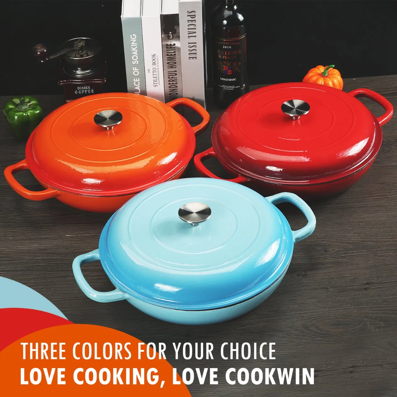 Чугунная кастрюля-сковорода с эмалью для индукции, 30 см