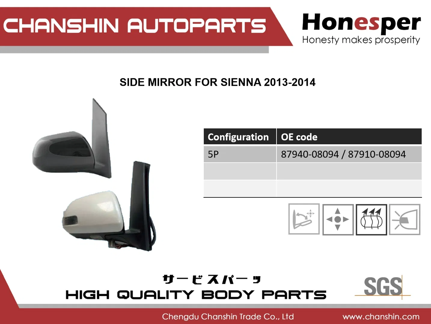 Боковое зеркало для Toyota Sienna 2013-2015, артикулы 87940-08094, 87910-08094