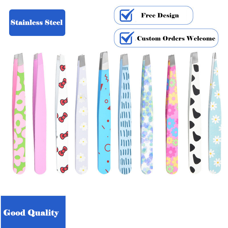 Custom Printed Slanted Tips Cosmetic Beauty Brow Eyelash Tweezers with Pattern Designs