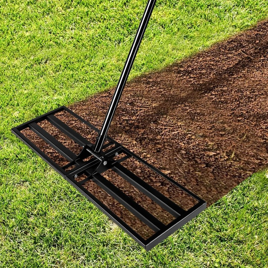 Steel Lawn Leveling Rake with Tines - Adjustable Handle Leveler for Backyards & Fileds
