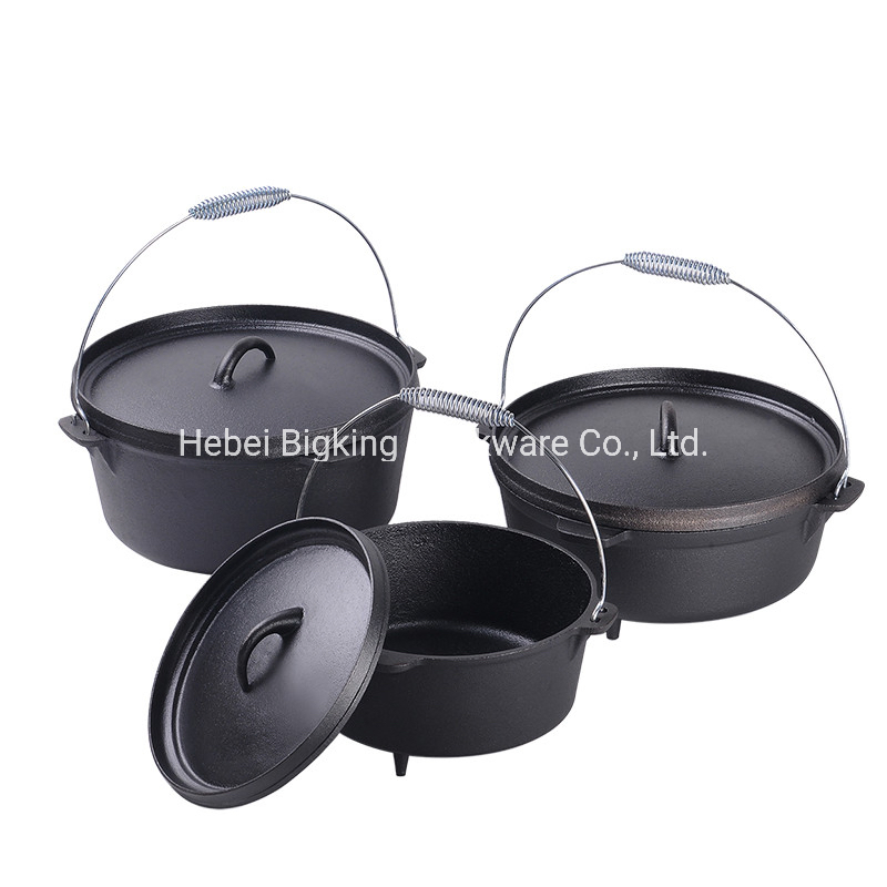 Pre Seasoned Black Cast Iron Camping Three Legged Dutch Oven with Campfire Tripod and Lifting Handle