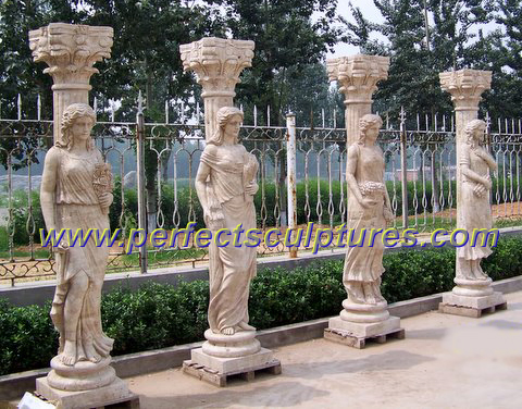 Hand Carved Classical Design Decorative Stone Roman Pillars Marble Column with Lady Sculpture Figure Statue (QCM129)