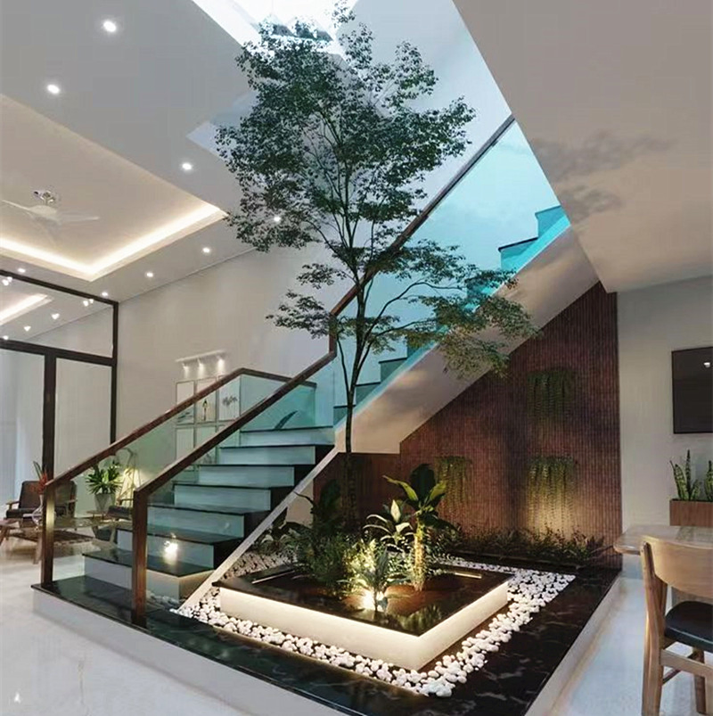 Modern Wooden Floating Hidden Cantilever Stairs Tempered Stringer Staircase with LED Light