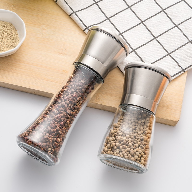 Fillable Stainless Steel Grinder Aadjustable Black Pepper Grinder, Long Lasting Fresh Keeping Spice Grinder Glass Salt and Pepper Grinder with Adjustable Coarse