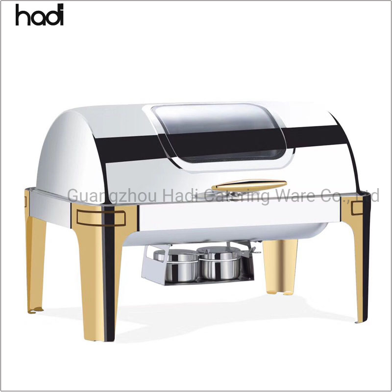 Best Price Stainless Steel Roll Top Buffet Food Chafing Dish Commercial Stock Golden Chafing Dish/Roll Top Buffet Chafer with Glass Window