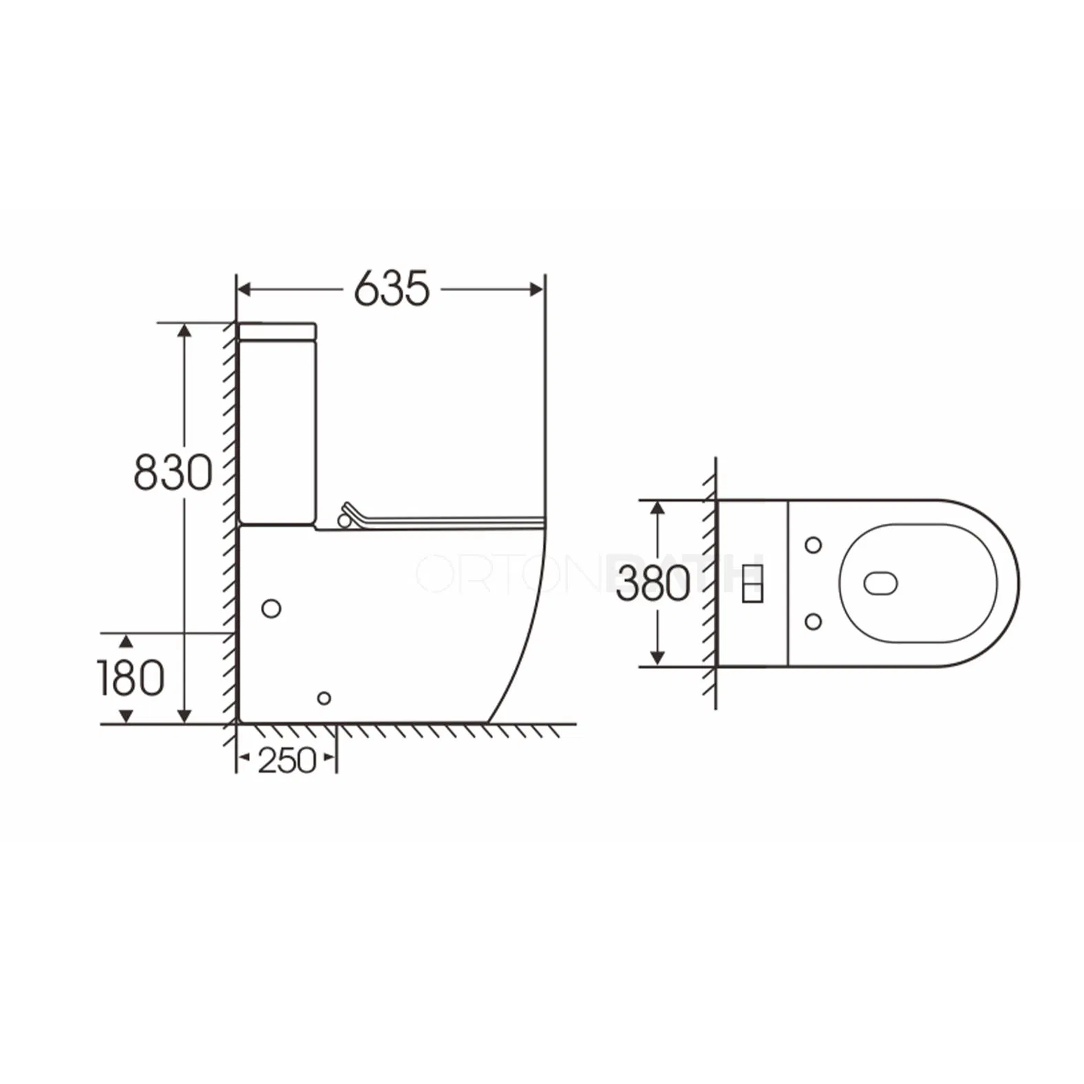Ortonbath One Hole Tornado Fully Back to Wall Two Piece Ceramic Toilet Sanitary Ware Close Coupled Toilet Bowl Seat P Trap Toilet with Soft Close Seat