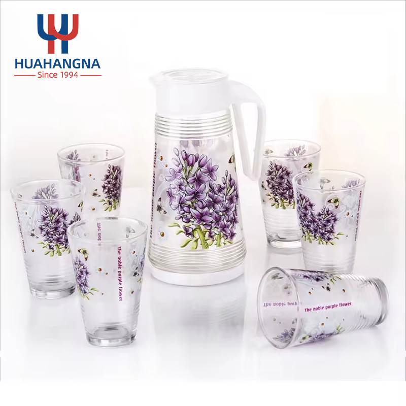 7PCS Custom Logo Flower Juice Beverage Glass Drinking Set with Thermal Transfer Flower Iced Tea Water Pitcher Glass Jug and Cup Set