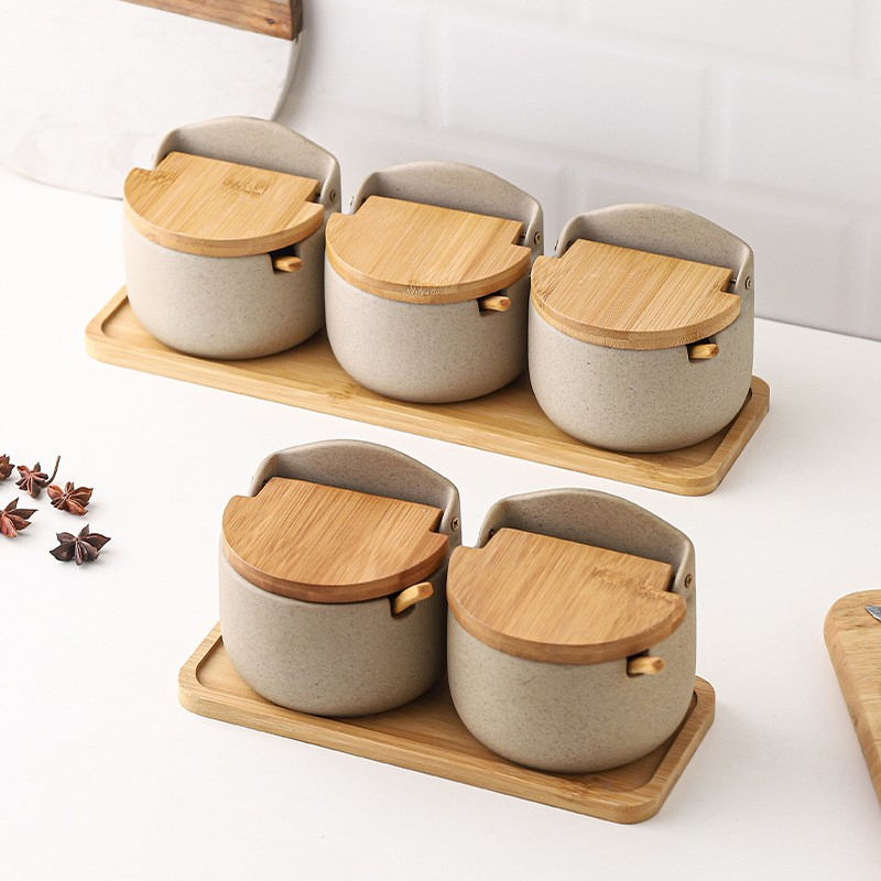 Japanese Style Ceramic Spice Jar with Wooden Spoon and Lid