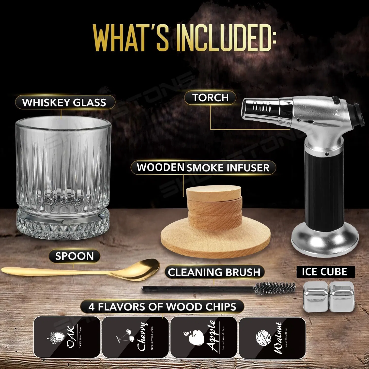 Cocktail Whiskey Smoker Kit with Wooden Chips Whiskey Ice Cube Gift for Men