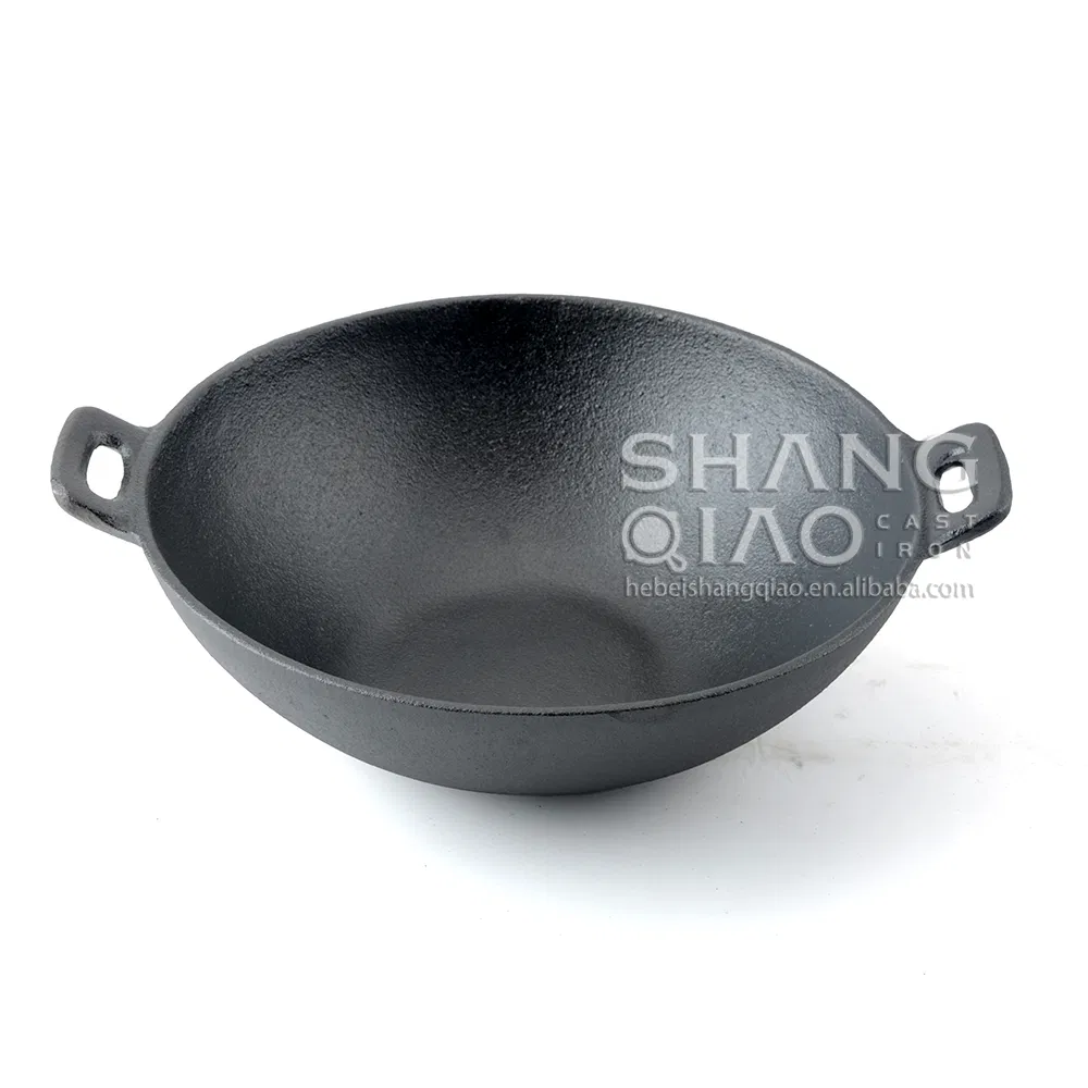 Basic Cast Iron Wok Pan Stir Fry Pans with Double Loop Handles and Flat Bottom Chinese Traditional Woks Frying Pan