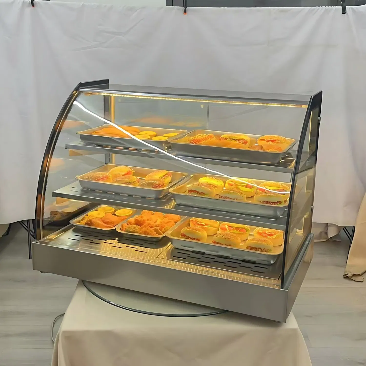 Modern Curved Glass Food Warmer Display Cabinet with Sleek Design for Buffet and Restaurant Use
