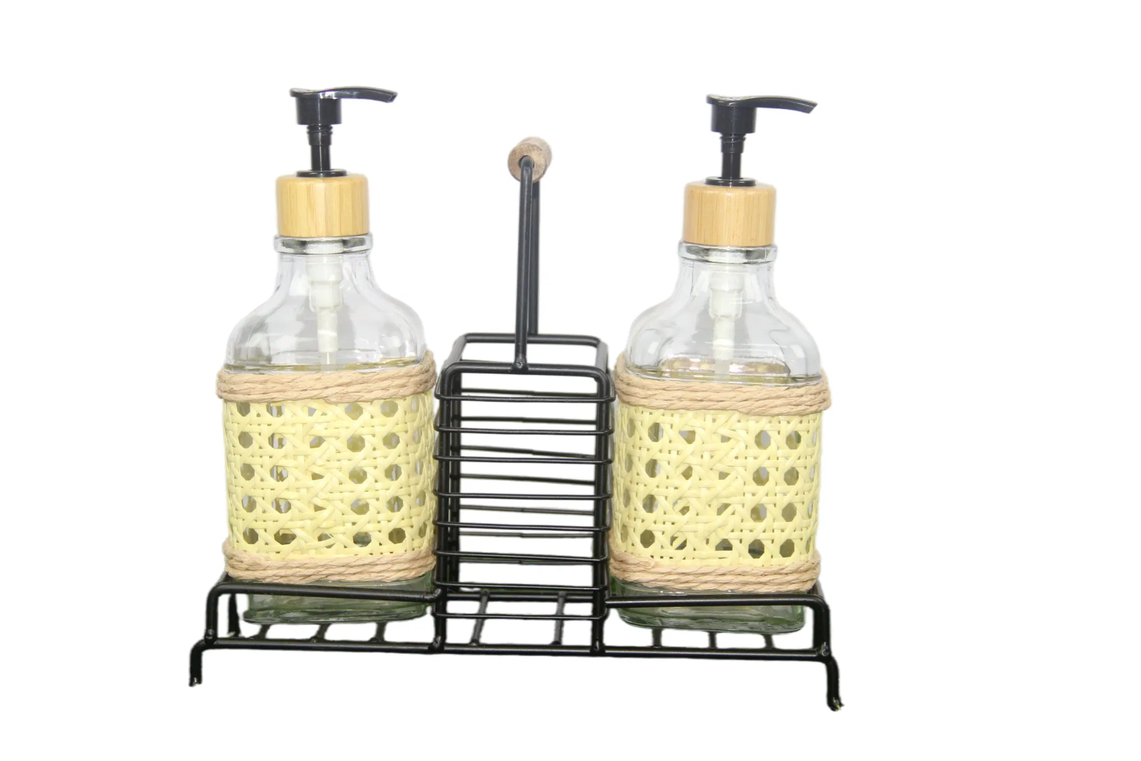 Stylish Amber Dispenser Bottles and Reed Storage Basket Set