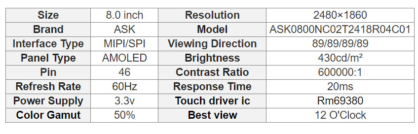 8 Inch 2K Qhd+ Amoled Display Module - 2480X1860 High-Contrast Ultra-Thin IPS Alternative with Mipi Interface