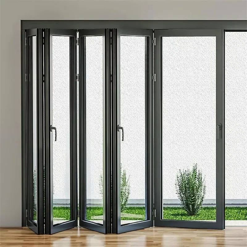 Black Frame Thermally Broken Glass Folding Door with Insulated Panels for Year Round Energy Savings