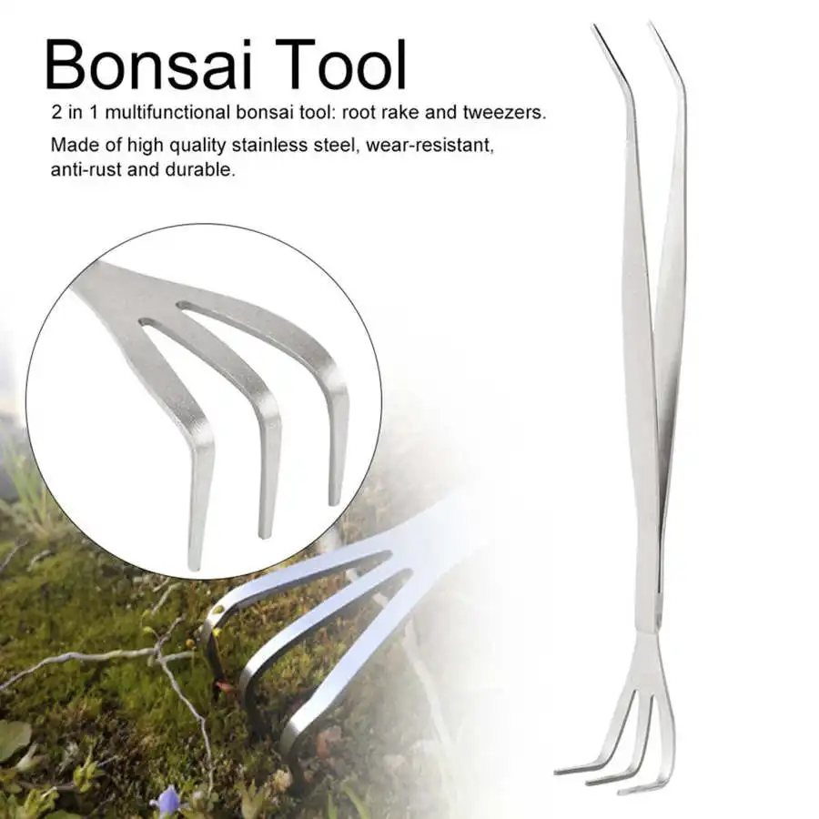 2 in 1 Stainless Steel Root Rake Bonsai Tweezers Multifunctional Garden Farming Tool Loosen Soil Spatula
