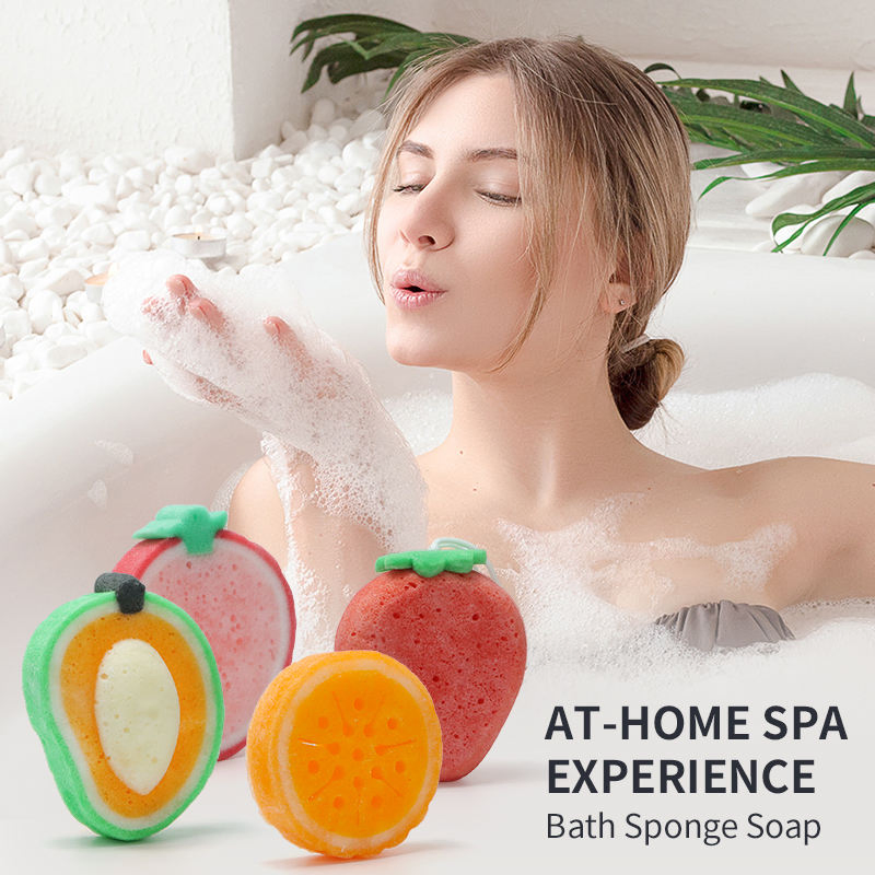 Private Label Body Wash Infused Buffer Soap Infused Sponge Fruit Shape Shower Sponge Soap