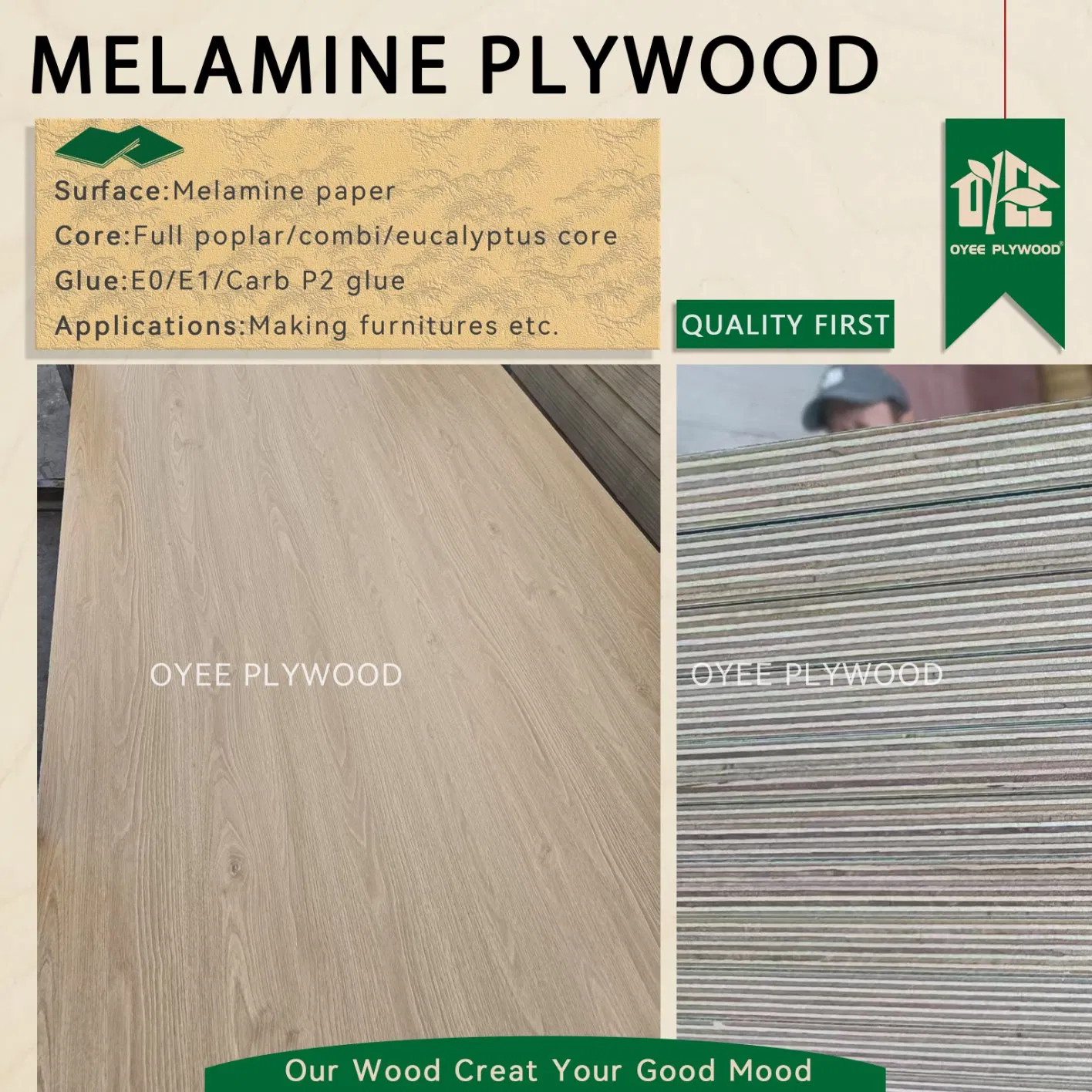 1220*2440 High Quality Melamine/Laminate Plywood with Solid or Wood Grain for Cabinet and Furniture