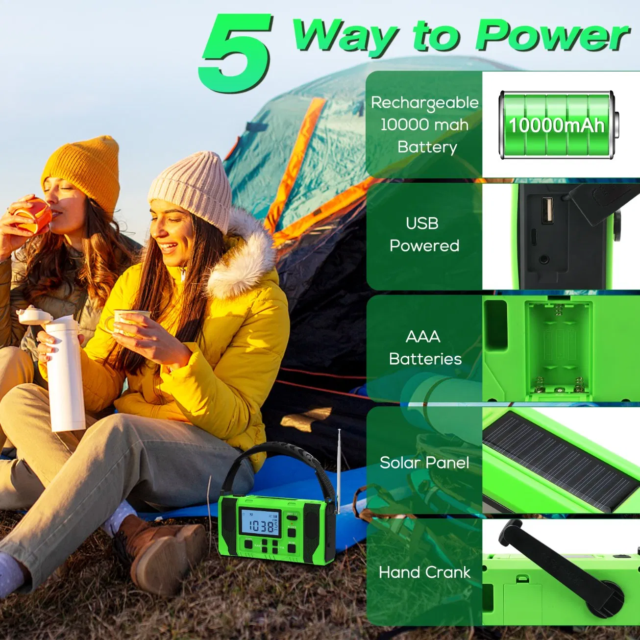 Радио SOS с пауэрбанком 10000mAh, солнечной панелью и динамо