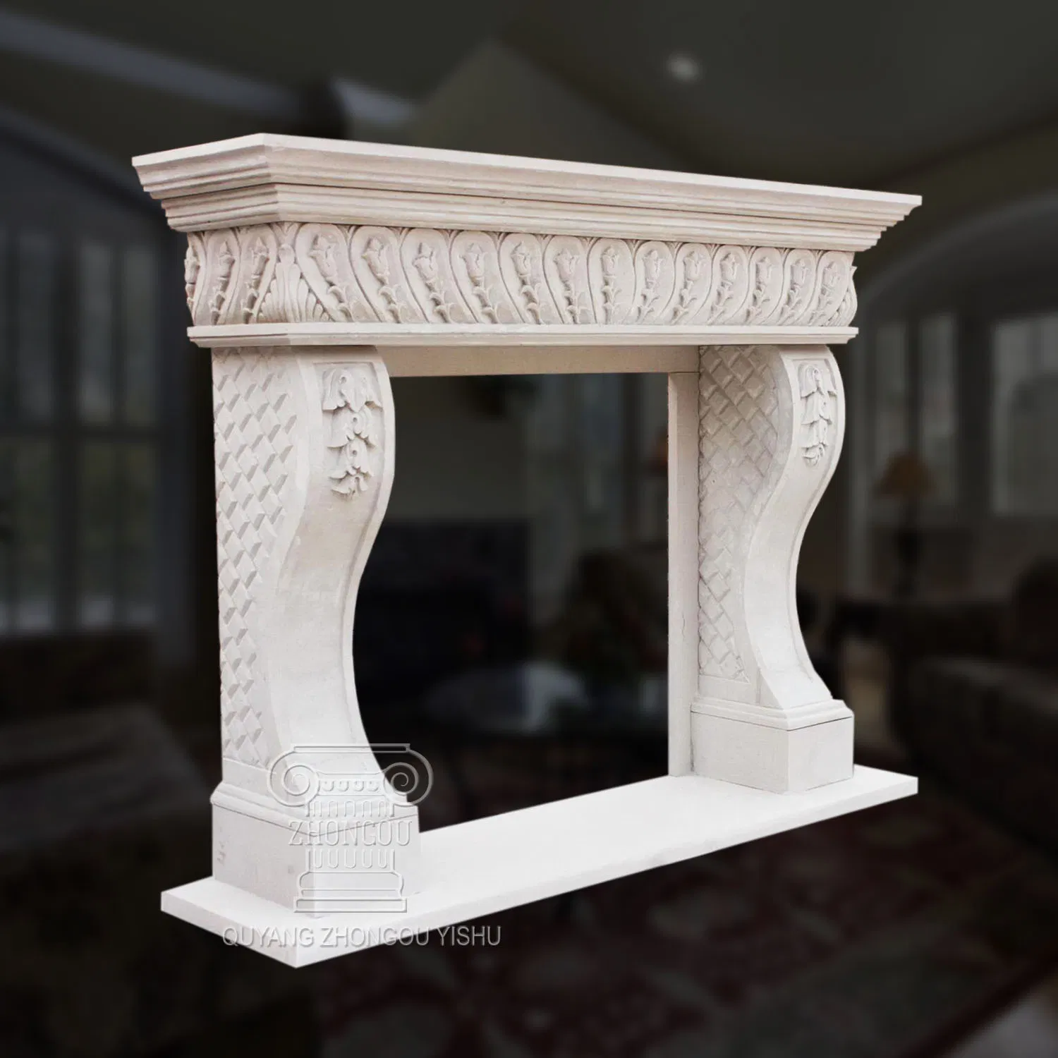 Great Marble Fireplace in Fine Hand-Carved Floral Design Quality