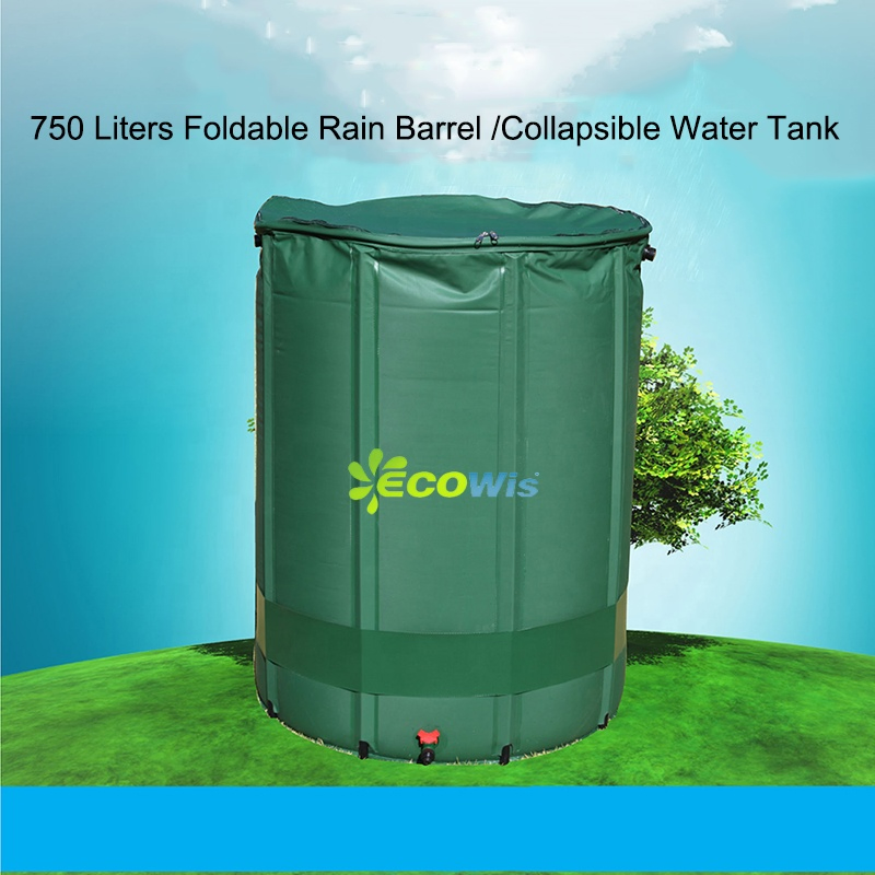 750L Foldable Rain Barrel Water Butt PVC Tarpaulin Collapsible Water Tank for Rainwater Harvesting