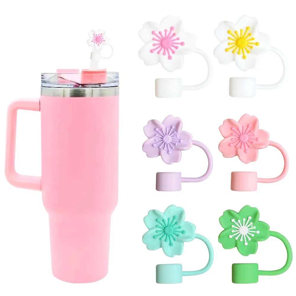 Silicone Sakura 3D Straw Cap Set of 6 Straw Accessories, Suitable for 10mm Straws, Reusable Gift