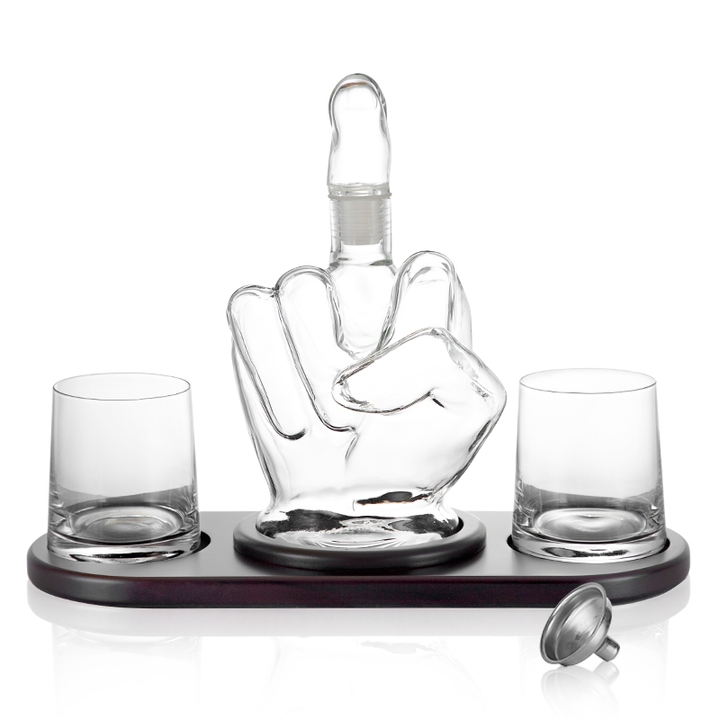 Middle Finger Shaped Glass Bottle Wine Whisky Whiskey Glass and Decanter Set for Tequila Vodka Whisky Gift with 2 Glasses