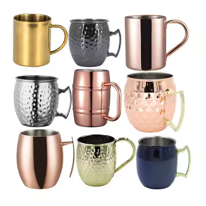 500ml Moscow Mule Hammered Cocktail Copper Coffee Mugs Stainless Steel Beer Mugs with Gold Plated Handle for Eastside Distilling Foursquare New Holla