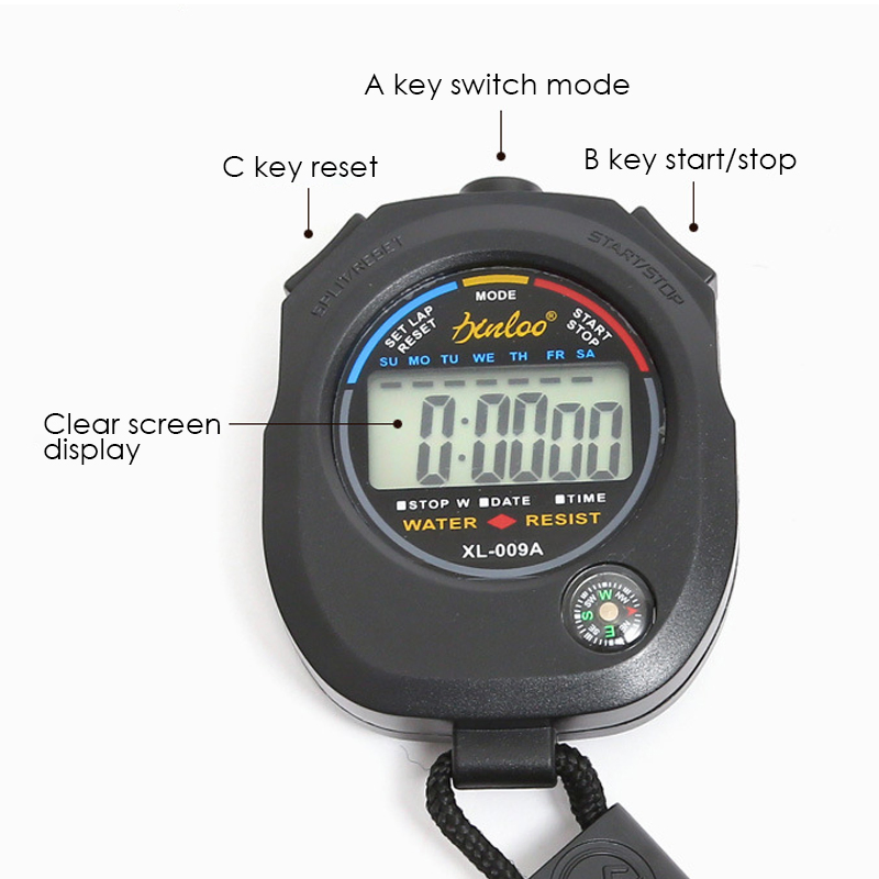 Foska ABS Plastic Black Waterproof Digital Sports Stopwatch