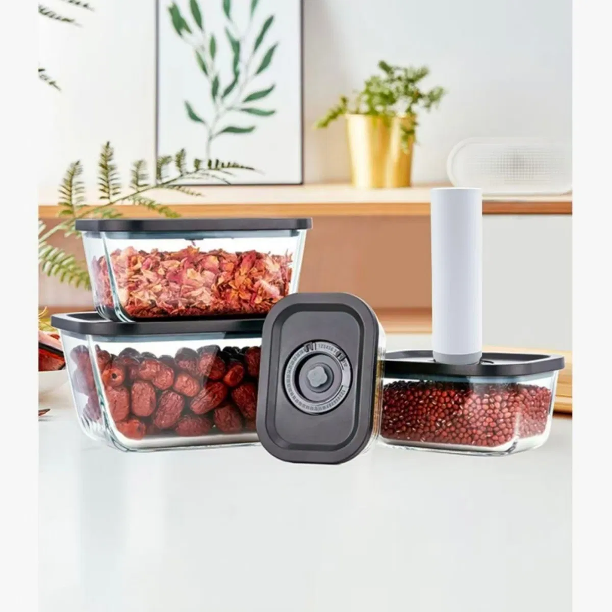 Plastic Lid Spill-Proof High Borosilicate Glass Food Vacuum Storage Box