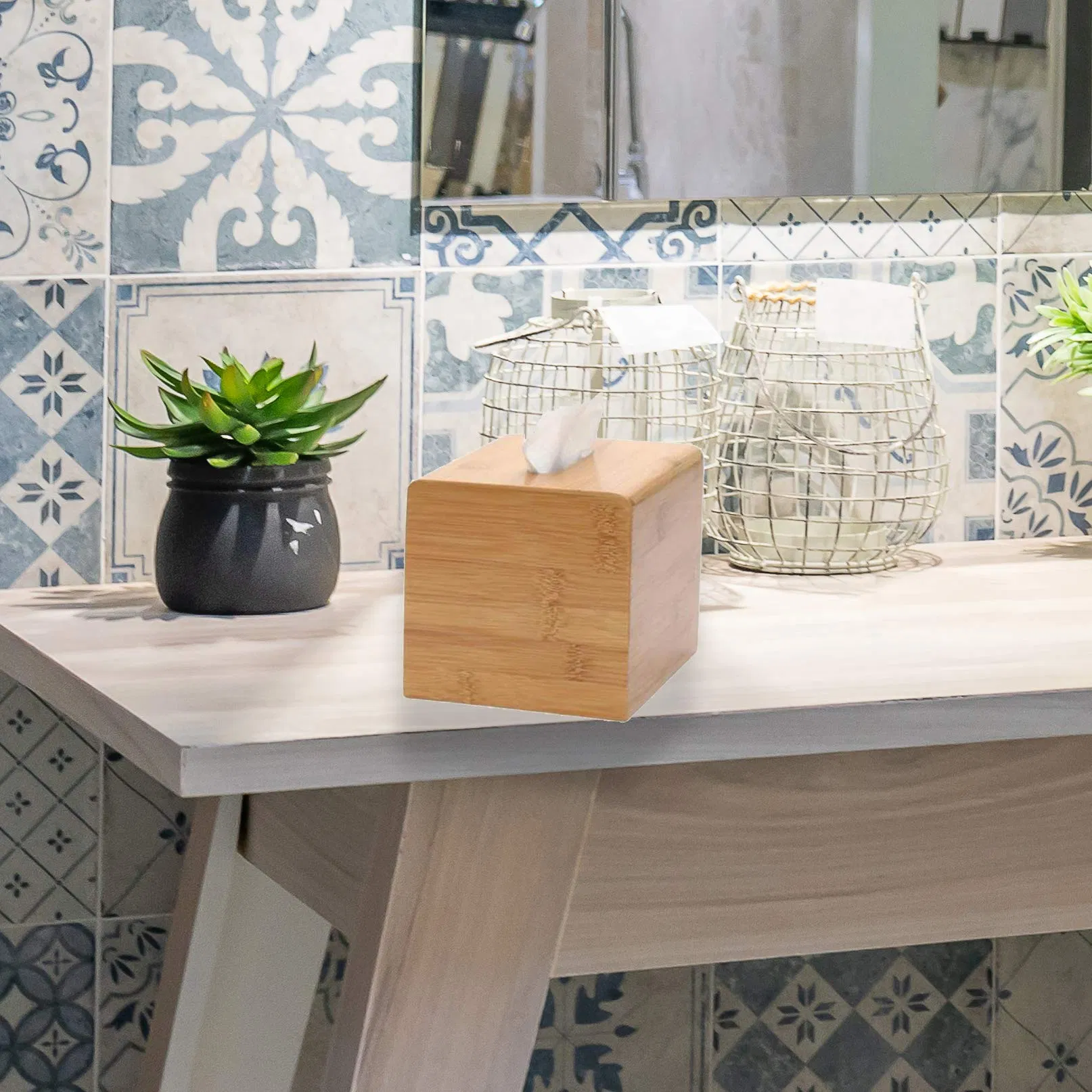 Square Bamboo Cover Wooden Facial Tissue Dispenser Bathroom Office Tissue Box