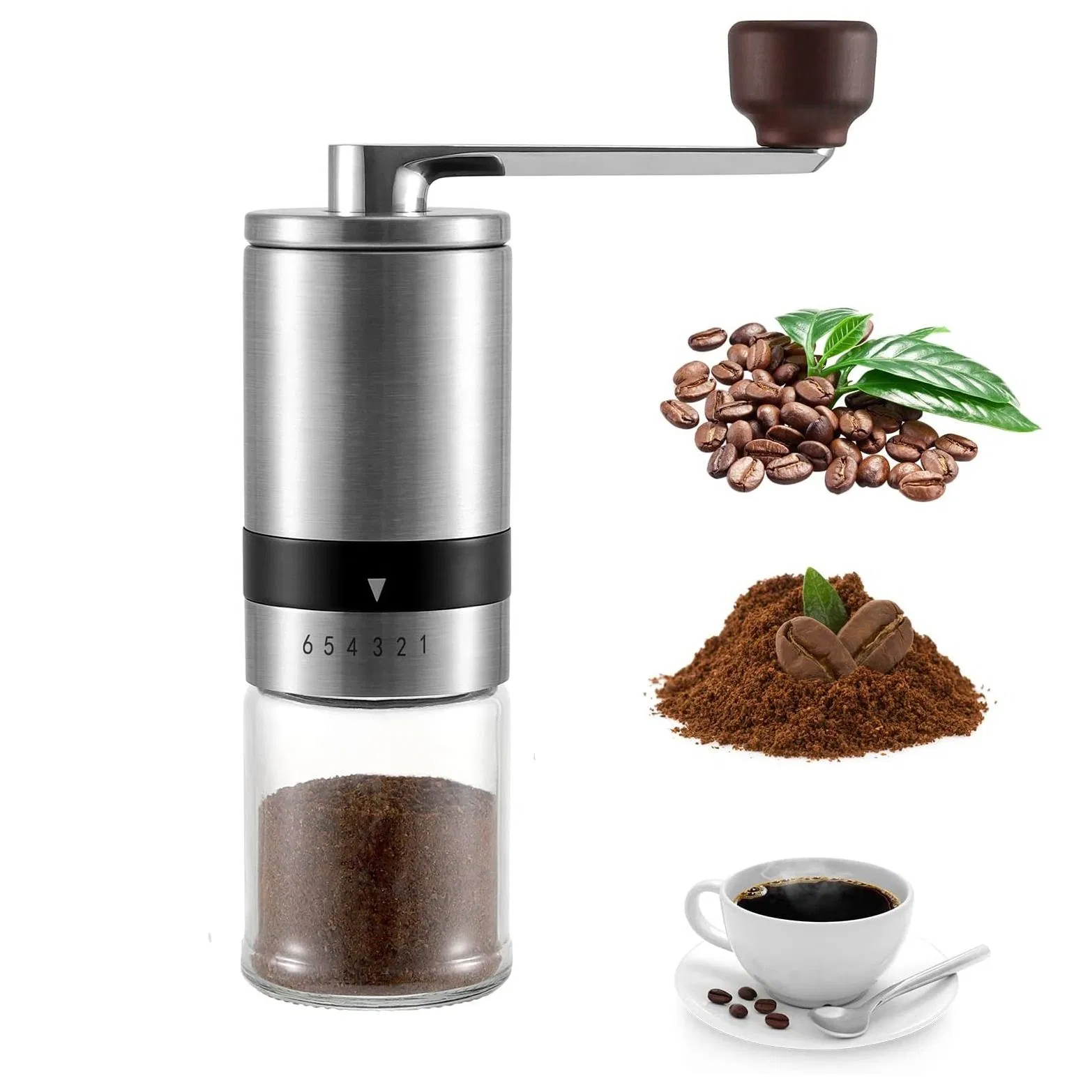 New Popular Household Espresso Coffee Maker with Grinder Steel Bur Glass Jar Mini Manual Coffee Grinder