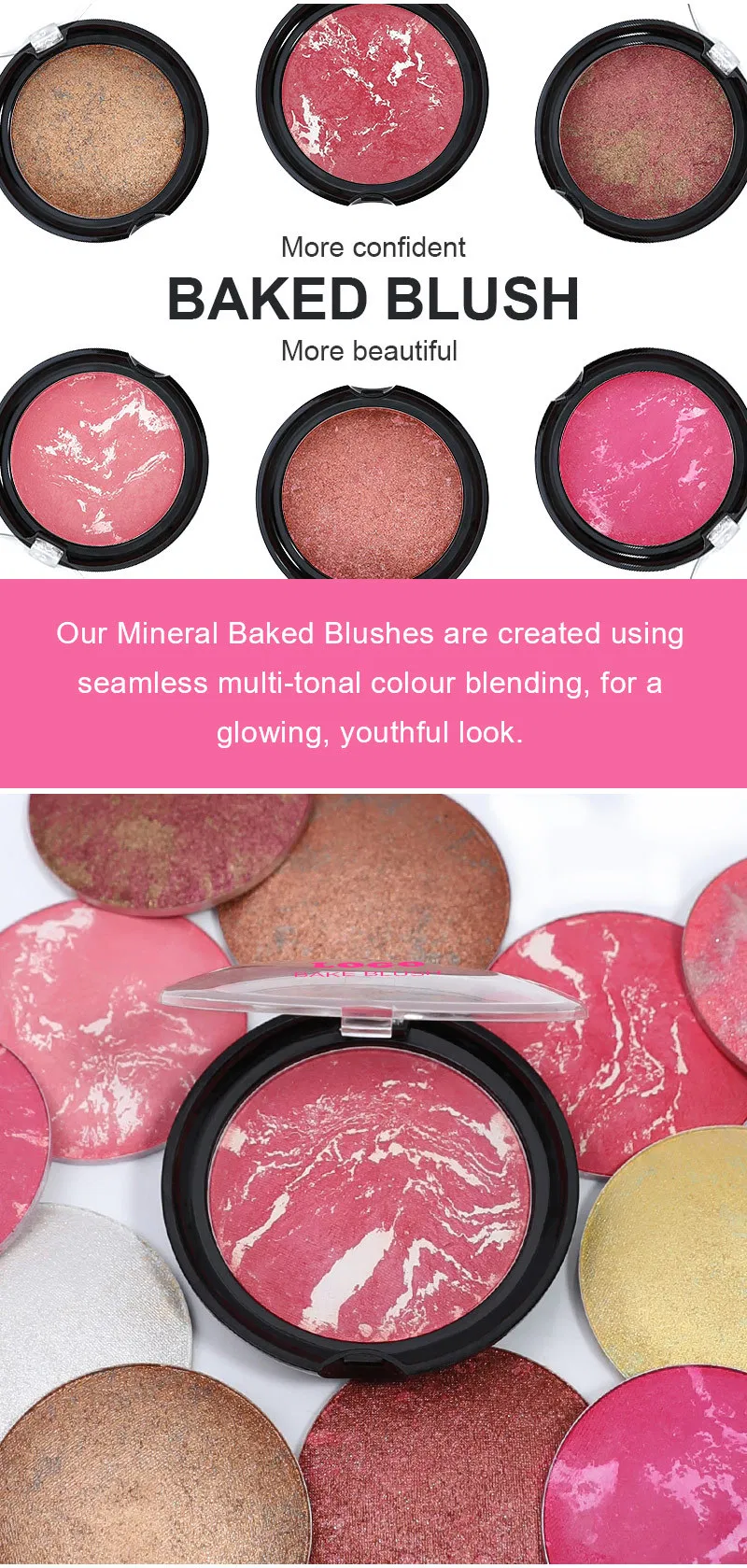 Wholesale Long Lasting Skin Glow Makeup High Pigment Private Label Blush Natural Vegan Cruelty Free Mineral Baked Blush