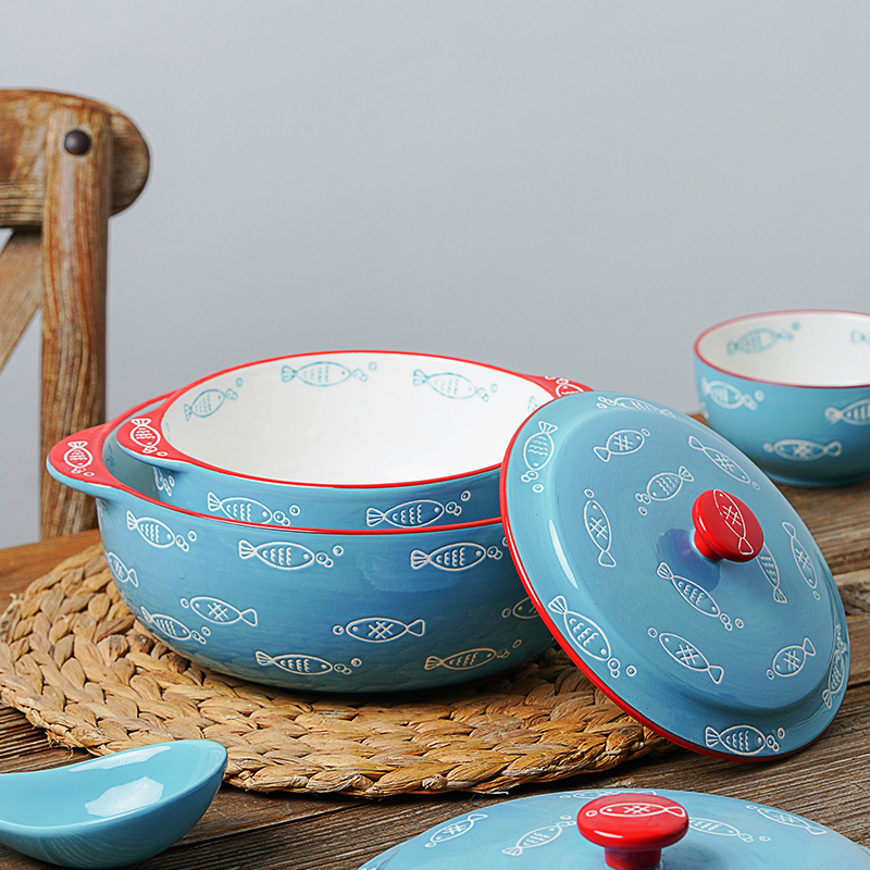 Japanese Style Porcelain Luxury Noodle Soup Bowl with Lid and Handle