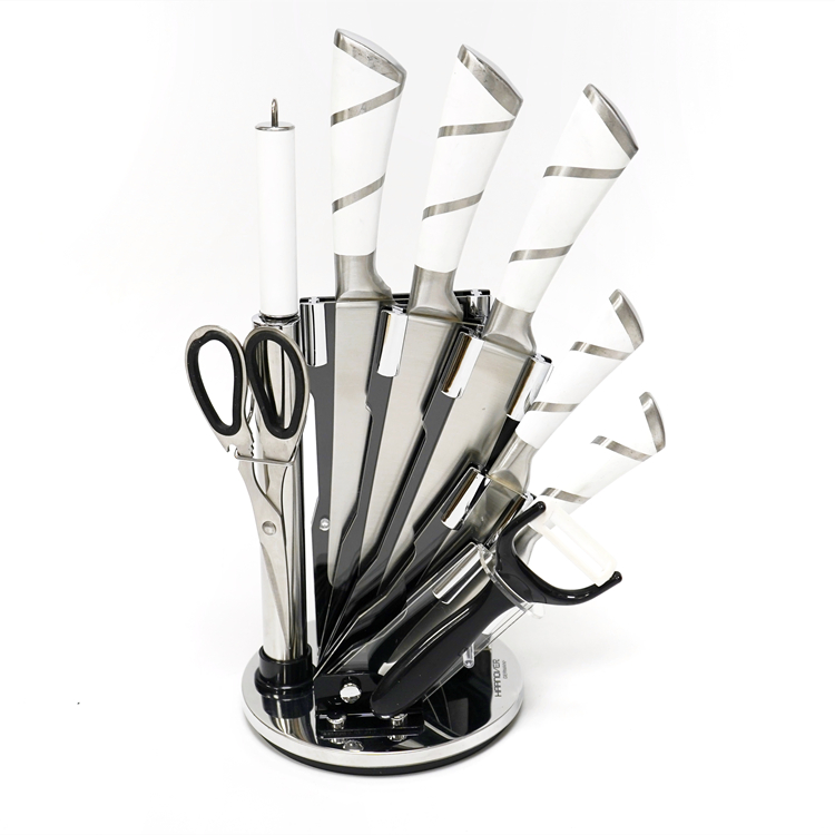 Набор кухонных ножей с белой ручкой и подставкой