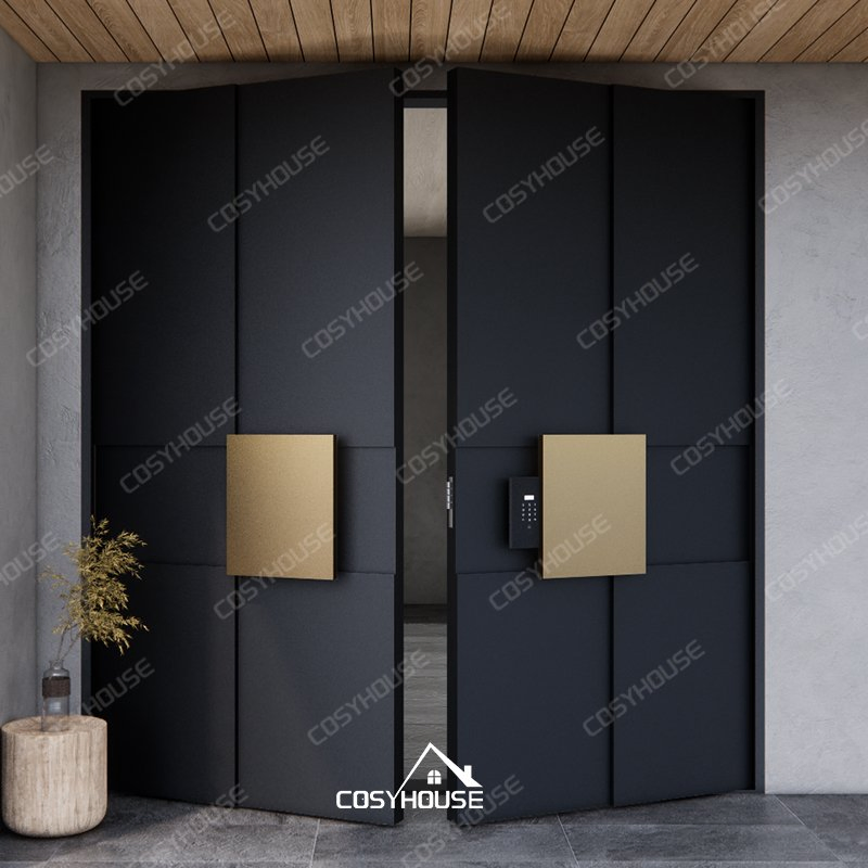 Rustic-Style Aluminum Double Front Door with Wood Finish