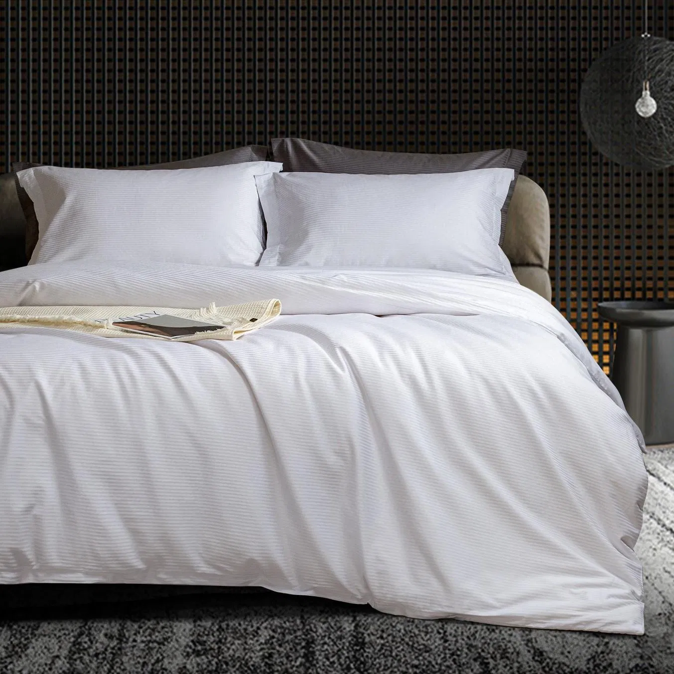 Long-Staple Cotton Home Hotel Textiles White Stripe Jacquard Duvet Quilt Cover Soft Bed Sheets Pillowcases 4PCS Bedding Set