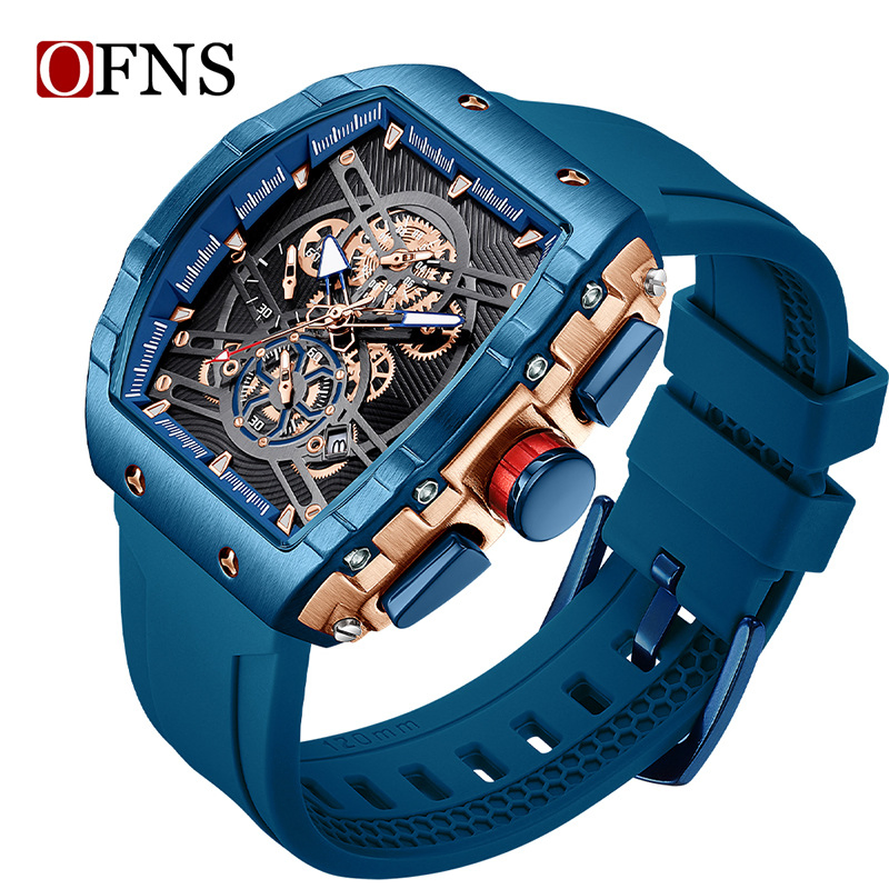Ofns Fashion Business Men's Quartz Watch Tonneau Shape with Date Rubber Strap
