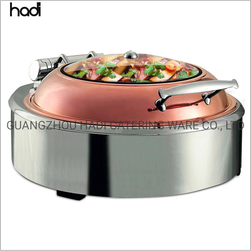 Buffet Chaffing Dish Supplies Catering Accessories Hydraulic 6L 9L Glass Lid Brass Copper Rose Gold Electrical Induction Buffet Stoves Chafing Dish Food Warmer