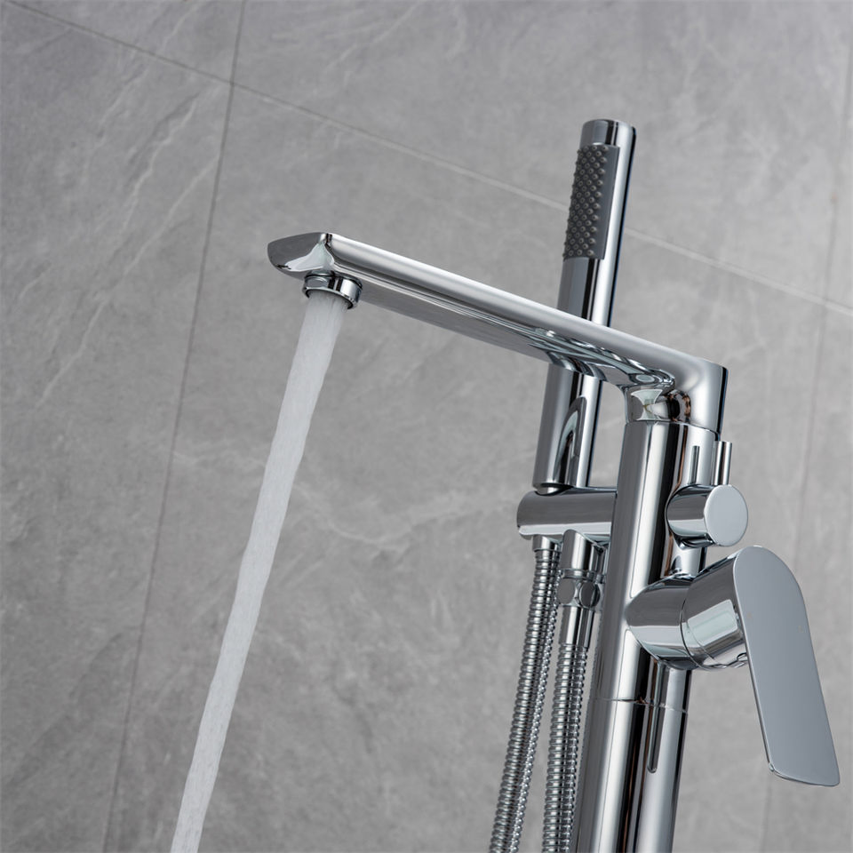 Bathroom Brass Chrome Finished Freestanding Floor Mounted Modern Bathtub Faucet