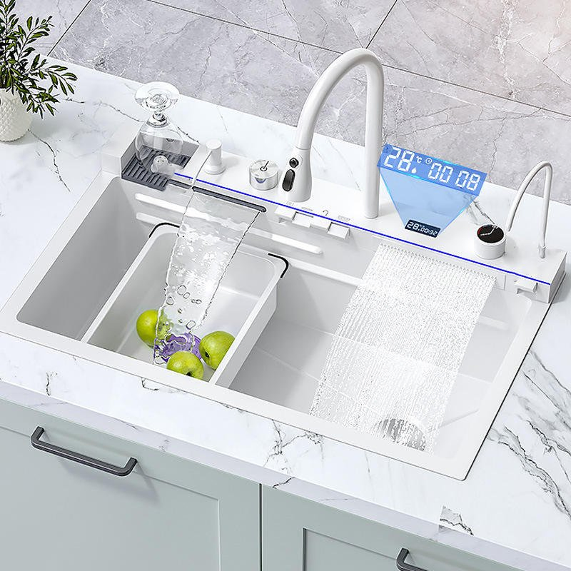 Luxury White Multifunctional Piano Waterfall Digital Display Handmade Stainless Steel Kitchen Sink