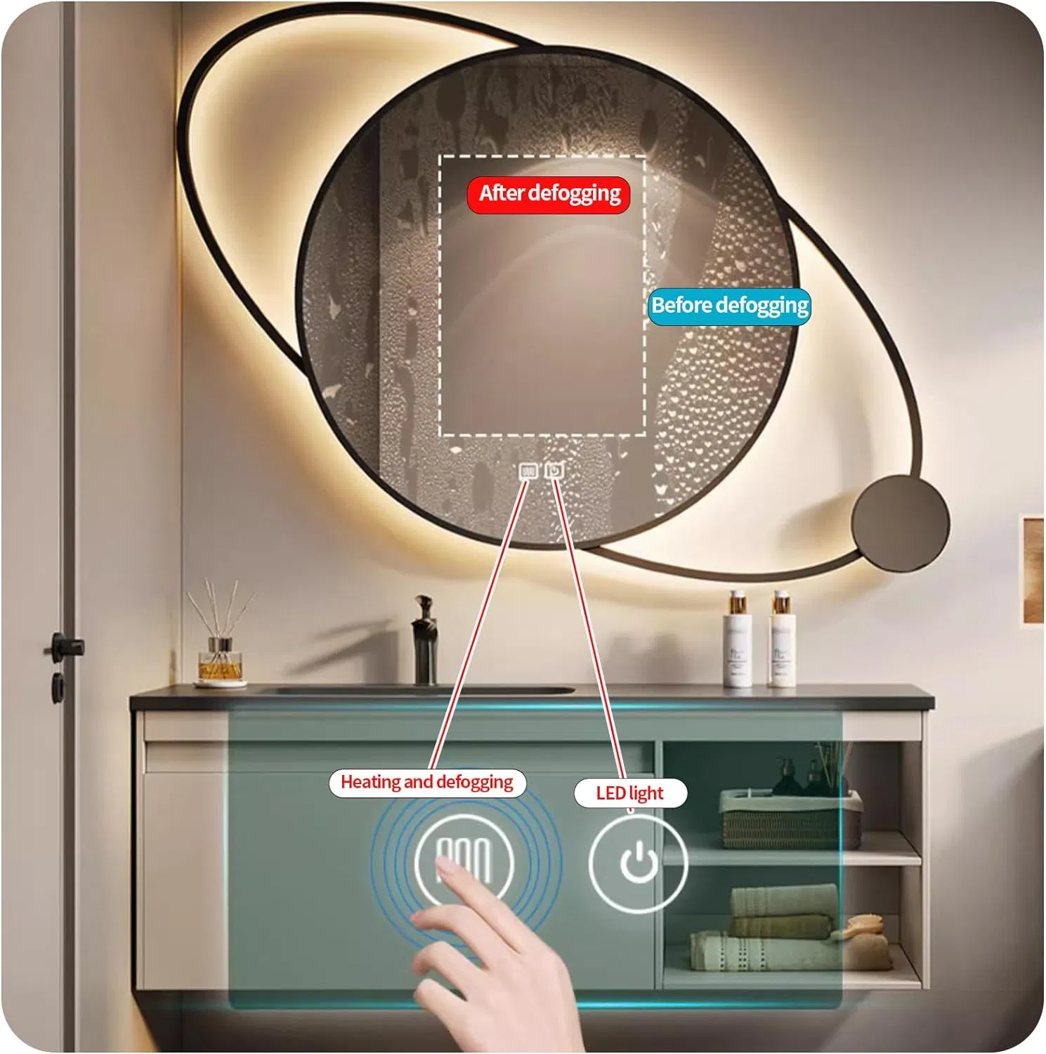 Jh Glass Irregular Stainless Steel Metal Framed with Lights Smart LED Illuminated Lighted Mirror for Bathroom