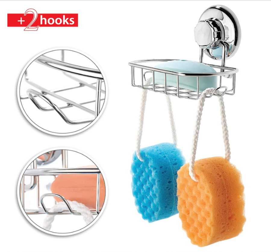 Soap Basket Sponge Holder Suction Soap Dish with Hooks for Bathroom